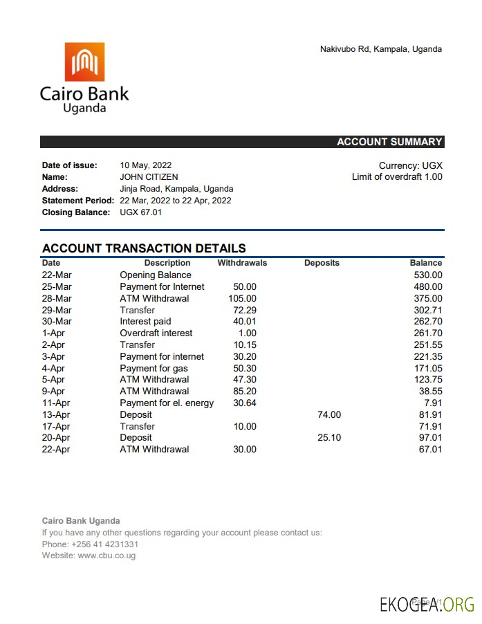 Relevé bancaire de l'Ouganda au Caire